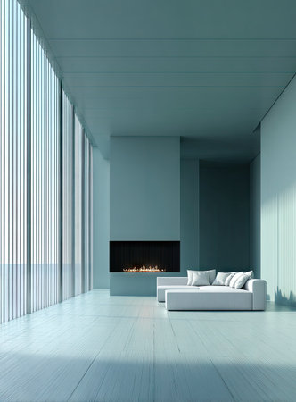 This interior showcases a contemporary living room with a fireplace and large windows. The scene uses a monochromatic color palette, creating a minimalist design. Sunlight streams through vertical blinds, illuminating the space. This image may be useful for architectural visualization, home decor projects, or articles about interior design.の素材