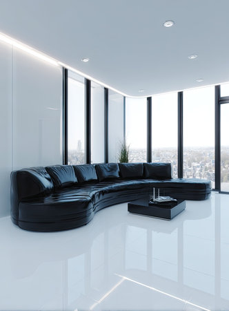 A contemporary living space features a black leather sofa, arranged against a white wall, in front of large windows. The bright, airy room displays a minimalist aesthetic with clean lines, reflective flooring, and strategic lighting. This interior image is suitable for architectural visualizations, design publications, and commercial projects.の素材