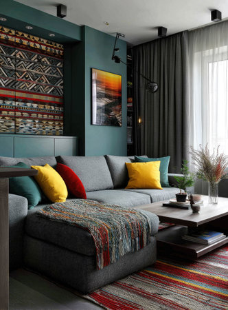 The image presents a modern living room featuring a gray sofa with colorful cushions. The interior showcases teal walls, a dark curtain, and natural light. Artistic elements include a decorative wall hanging and a framed picture. This scene is suitable for various uses such as home decor magazines or interior design websites.の素材