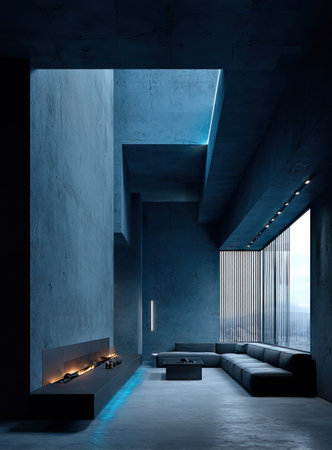 An indoor architectural rendering showcases a modern living space. The scene utilizes monochromatic blue hues, emphasizing geometric shapes and clean lines. Artificial lighting illuminates the setting, creating a balanced contrast with the shadows. This image could be used for design projects or promotional materials.の素材