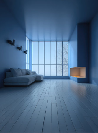 An interior scene is bathed in cool blue tones, featuring a sofa, window, and minimalist decor. The composition utilizes strong lines, with natural lighting creating highlights. The setting suggests a contemporary space, suitable for architectural visualization or design projects.の素材
