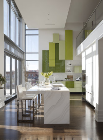 This interior showcases a modern kitchen featuring a marble island, white chairs, and vibrant green accents. The composition includes a spacious design, high ceilings, and expansive windows, providing ample natural light. The scene suggests potential use in architectural, interior design, or lifestyle publications and visual media.の素材