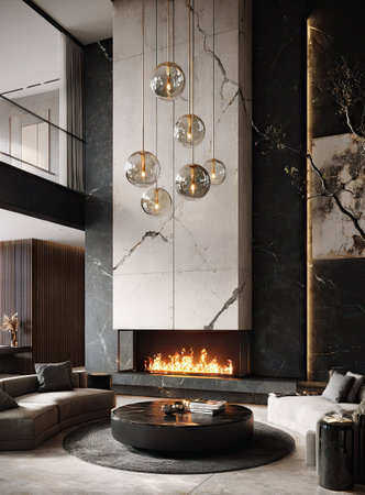 The image depicts a contemporary living room with a fireplace as the focal point. The space features a large, marble-clad wall with a built-in fireplace. Hanging globe lights and modern furniture contribute to a luxurious atmosphere. This scene may be suitable for architectural design, home decor, or lifestyle publications.の素材