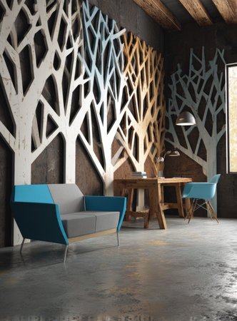This image showcases a contemporary interior design with a unique tree-shaped wall decoration. A modern blue sofa and chair are complemented by a wooden desk and a lamp. The color palette features cool blues and grays against a warm brown. Suitable for design, architecture, or lifestyle publications and websites.の素材