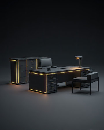 An office furniture set is displayed against a dark backdrop. It includes a desk, a chair, and a cabinet. The furniture has a modern design with a dark color scheme and gold accent lighting. This image can be used for advertising or design projects related to business and interior design.の素材