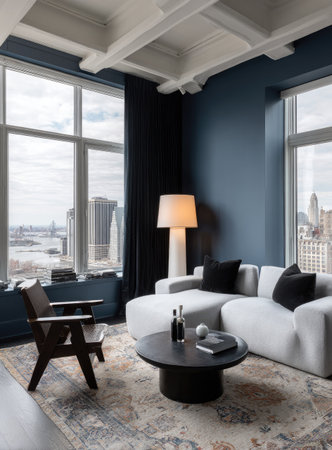 This interior showcases a contemporary living room with a comfortable seating arrangement and a dark color palette. Natural light floods the space through large windows, highlighting the textures and details. The composition could be used for design presentations, architectural visualizations, or lifestyle editorials.の素材