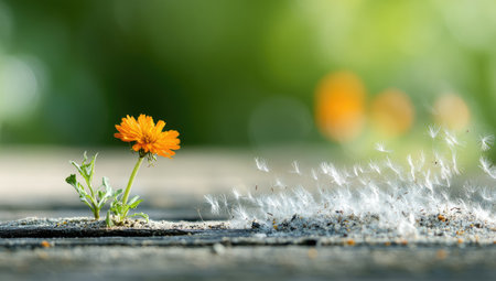 A single vibrant orange flower blooms, emerging from a cracked wooden surface. Soft-focus elements and a shallow depth of field contribute to the image. The scene is lit by sunlight. Suitable for a variety of commercial and editorial applications, this image showcases a unique composition.の素材
