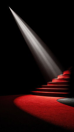 An image features a red carpet leading up to a staircase, illuminated by a spotlight. The vibrant red contrasts with the dark surroundings, creating a dramatic effect. The composition highlights the architectural lines and the play of light and shadow. This image could be used for events or conceptual visuals.の素材