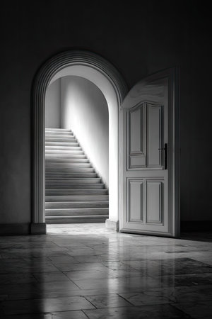 A monochrome image shows an open doorway leading to a staircase. The composition features an archway framing the steps. The image is characterized by high contrast, with light and shadow playing against each other. This style can be employed for editorial and commercial projects that need a visual of mystery.の素材