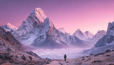 A person stands in the foreground, gazing at a majestic mountain range. The scene is bathed in the soft hues of a pink and purple sky, with the peaks covered in snow. The composition features a vast landscape, possibly suitable for travel or adventure themes and projects.の素材