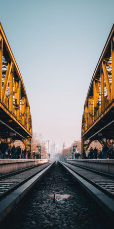 This image presents a railway bridge and tracks, featuring a symmetrical composition. The scene incorporates a clear sky, and the bridge displays a yellow structure with people passing. The photograph utilizes natural lighting and a perspective view that leads the eye towards a distant city. The image is suitable for diverse commercial or editorial applications.の素材