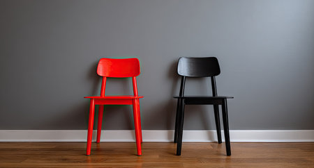 Two chairs, one red and one black, stand against a grey wall in this image. The chairs are wooden with simple lines. The lighting is soft, highlighting the colors and textures. This image could be used for interior design projects, architectural visualizations, or conceptual illustrations, showcasing design principles.の素材