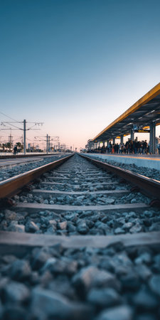 A low-angle perspective shows railway tracks leading towards a station platform. The scene is bathed in the soft light of dusk. Details include gravel, wooden sleepers, and a canopy. The image could be used for editorial content about travel, transportation, or infrastructure projects. It suggests travel and transit.の素材
