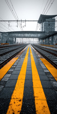 An outdoor railway station platform features yellow lines and tracks receding into the distance, leading to a structure with an overhead walkway. The image showcases a grayscale palette with hints of yellow, creating a visually striking composition. It could be used for travel, transportation, or infrastructure related projects.の素材