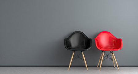 Two modern chairs, one red and one black, stand before a plain gray wall. The image highlights the contrasting colors and simple design. Soft lighting suggests an indoor setting. Ideal for use in advertising, interior design projects, or illustrating concepts related to furniture.の素材