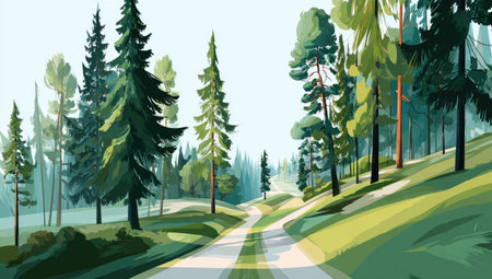 This watercolor illustration depicts a winding path through a lush forest. Tall trees line the path, illuminated by sunlight. The artwork features a blend of green, brown, and blue hues, with a focus on texture and composition. Suitable for various commercial and editorial applications.の素材