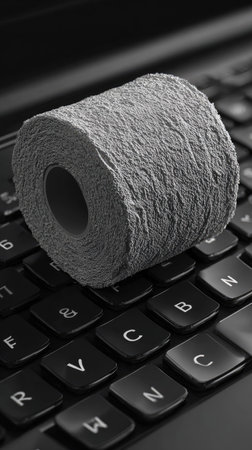 A grayscale image showcases a roll of toilet paper resting on a computer keyboard. The texture of the paper contrasts with the smooth keys. The lighting is diffused. The composition could be suitable for conceptual projects or illustrate concepts related to technology or everyday objects.の素材