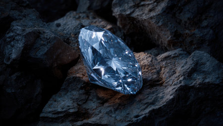 A radiant diamond gemstone is prominently displayed against a rough rock backdrop. The image showcases the gemstone's facets reflecting light. The color palette involves shades of blue and gray. This composition evokes a sense of wealth and elegance. It can be used for promotional materials.の素材