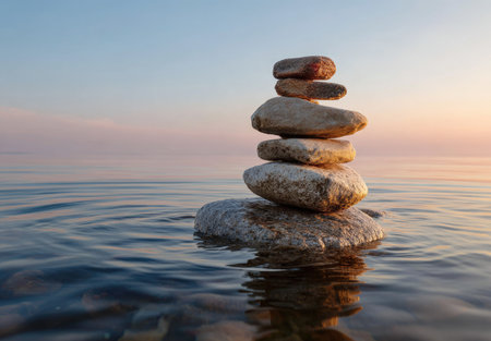 A tower of smooth stones rests in calm water, illuminated by the soft light of a sunset. The image features a balanced composition, showcasing neutral-toned stones against the blurred backdrop of a colorful sky. This tranquil scene could be used for illustrating concepts of balance and serenity in various editorial or commercial projects.の素材