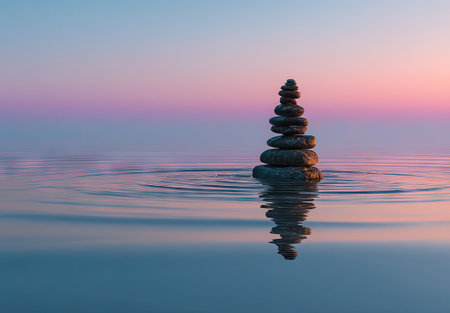 A carefully arranged stack of dark stones is centered in calm water, reflecting in the still surface. The composition showcases a balanced structure set against a gradient sky of pink and blue hues, possibly at dusk. The serene scene has potential applications in wellness, meditation, and artistic contexts.の素材