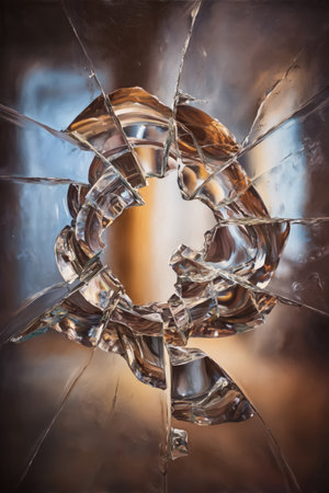 This image presents a close-up view of shattered glass, revealing a radial pattern of cracks around a central point. The glass reflects light, showcasing shades of brown and white. The style suggests a focus on texture and form, potentially suitable for visual storytelling or illustrating concepts. It might be useful for design projects or editorial content.の素材