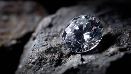 A large diamond rests on a rough, textured rock surface in this close-up shot. The gemstone sparkles, reflecting light and creating intricate patterns. The composition uses dark tones and shadows, highlighting the brilliance of the cut diamond. This image could be used for promotional materials or editorial content related to jewelry or luxury.の素材