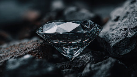 A brilliant diamond gemstone is displayed on a bed of rugged rocks. The composition highlights the gem's facets, reflecting light. The image showcases a macro perspective, with a focus on textures. Potential applications include luxury advertising, editorial content, and visual storytelling, the scene is likely in an environment with daylight.の素材