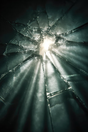 A close-up captures the dramatic effect of shattered glass. The fragments reflect light creating dynamic rays against a dark background. The composition suggests a visual metaphor, suitable for conceptual themes. Ideal for use in various projects, including illustrations or design elements.の素材