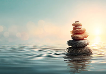 A balanced stack of stones sits peacefully in calm water, mirroring the warm glow of sunlight. The composition features neutral tones, creating a sense of tranquility and balance. This visual could be utilized for illustrating concepts of wellness, relaxation, and spiritual practices, suitable for commercial or editorial applications.の素材