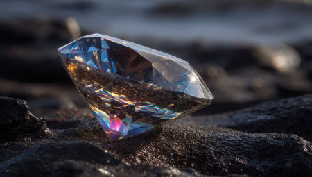 A radiant diamond gemstone is the central focus, positioned on a rough, dark surface. The composition captures the stone's multifaceted brilliance with a play of light and color. The setting suggests an outdoor environment, enhancing its natural appeal. This image could be used for various commercial and editorial purposes.の素材