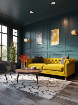 An interior view features a modern living room with a vibrant yellow sofa and decorative elements. The room is bathed in teal and soft lighting, with wood paneling and artistic arrangements. The composition suggests a comfortable space, suitable for editorial content, showcasing design or lifestyle.の素材