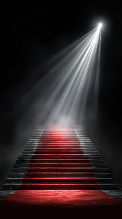 A staircase, carpeted in red, ascends into a bright overhead spotlight against a dark backdrop. The image features a dramatic lighting setup, emphasizing contrast between light and shadow. The overall composition suggests themes of progress and aspiration, suitable for conceptual illustrations in various commercial projects.の素材