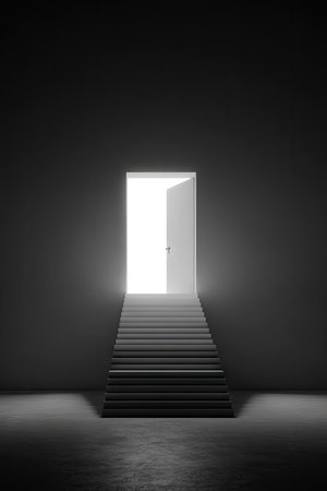 A black and white image showcases a stairway ascending towards an open, illuminated door. The composition emphasizes geometric lines and contrasts, with a gradient of light emanating from the doorway. This conceptual piece suggests themes of opportunity and transition, suitable for various editorial and commercial applications.の素材