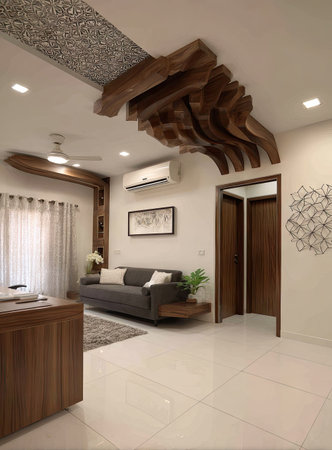 A well-lit interior features a stylish, modern living room. The space showcases a unique, decorative wooden ceiling design.  Furniture such as a sofa, side table, and cabinets further enhance the aesthetic. This interior could be suitable for various uses in architecture, design, or lifestyle projects.の素材