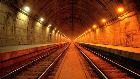 The image showcases a train tunnel with tracks extending into the vanishing point. The interior is bathed in warm, orange-toned light from overhead fixtures. The composition is symmetrical, featuring lines that draw the eye toward the depth. This scene could be utilized in various projects that require transportation or infrastructure themes.の素材