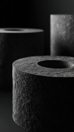 Three cylindrical objects of varying sizes are featured against a dark background. They have a rough, textured appearance with a hole visible in the center of the closest object. The composition emphasizes shape and shadow. It could be used for architectural, abstract, or design projects.の素材