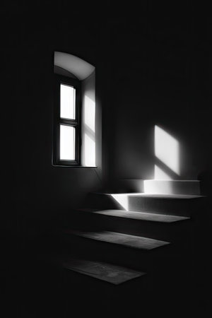 A minimalist interior showcases a staircase lit by sunlight streaming through a window. The composition presents a high-contrast black and white scene, emphasizing geometric shapes and shadows. The image is suitable for illustrating concepts of space, architecture, or mood, and could serve various commercial applications.の素材