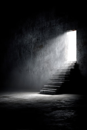 A stone staircase ascends towards a bright, open doorway, contrasted against a dark interior. The composition features strong shadows and high contrast, creating a dramatic effect. The image highlights texture and form, offering visual interest. Suitable for editorial use, concept illustration, or background elements.の素材
