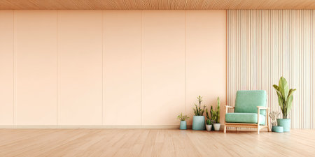 A modern interior showcases a pastel-colored wall, a wooden floor, and a vibrant green armchair. Plants in light blue pots add a touch of nature. The composition emphasizes clean lines and neutral tones, suitable for commercial applications such as home decor or lifestyle concepts.の素材