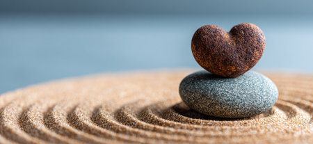 A heart-shaped stone sits atop a pebble, resting on a bed of raked sand, a scene invoking serenity and balance. The heart and pebble exhibit textured surfaces, contrasting with the smooth patterns in the sand. The color palette features warm browns, cool grays, and a blue backdrop. Suitable for various commercial applications conveying concepts of love and harmony.の素材