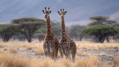 Two giraffes stand close together in an outdoor environment. The animals exhibit mottled brown patterns against beige and tan grasslands. The composition features soft lighting and a natural color palette, with trees and a blurred mountainous backdrop. This image is suitable for use in editorial or commercial projects.の素材