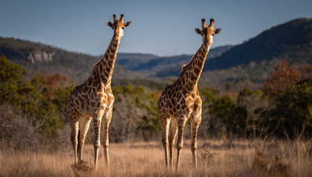 Two giraffes are captured in a daytime outdoor setting. Their tall necks and patterned coats are visible against the backdrop of rolling hills. The composition showcases natural light and earthy tones. This image is suitable for various editorial and commercial applications.の素材