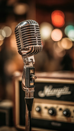 A classic microphone is the primary subject, presented in close-up with a retro aesthetic. The metallic microphone is a visual centerpiece against a softly blurred background of an amplifier and ambient lights. Suitable for content related to music, broadcasting, or retro technology, the image may have commercial usage.の素材