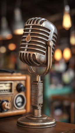 An antique microphone stands before a classic radio. The metallic microphone presents a retro design. The warm lighting indicates an interior setting. This image can be used for commercial projects such as editorial content or design templates, evoking a sense of nostalgia.の素材