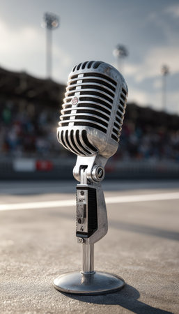 A classic silver microphone is displayed upright on a stand. The microphone's grille and stand are detailed with a shallow depth of field. The background is softly blurred, suggesting a possible outdoor stage or stadium setting. This image could be used in presentations, music promotions, or audio-related designs.の素材