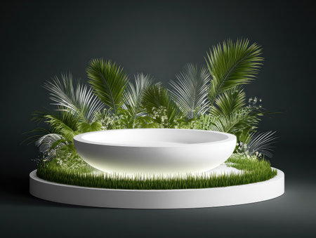 A white bowl sits on a circular platform surrounded by lush green plants. The composition uses a dark background with a spotlight effect, highlighting the bowl and vegetation. The image emphasizes texture and contrast, making it suitable for product presentations or abstract concepts. The lighting is theatrical, evoking a sense of elegance.の素材