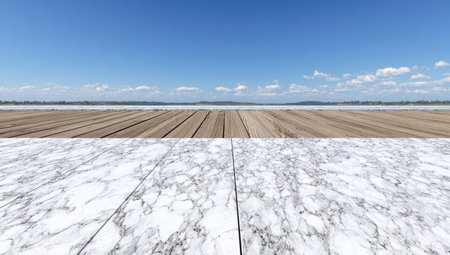 This image displays a contrasting composition with a wooden surface juxtaposed against a marble texture, under a clear blue sky. The natural daylight illuminates the scene, enhancing the materials' details. Suitable for versatile design projects or conceptual presentations, the image suggests possibilities for commercial use.の素材