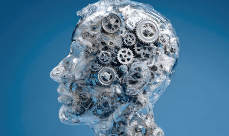 A transparent head silhouette is filled with various mechanical gears. The composition showcases a close-up view with a gradient blue background. The artwork utilizes bright lighting and detailed textures. This imagery can be used for advertising or educational materials.の素材