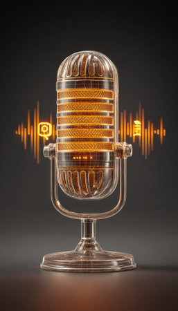 A detailed depiction of a vintage microphone is set against a dark background. The microphone is the central focus, with illuminated sound wave graphics flanking it. The image features a metallic sheen, suggestive of a studio environment and may be suitable for audio, music, or technology-related content.の素材