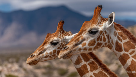 Two giraffes stand together, their long necks and distinctive patterned fur prominent. The image displays a close-up shot, highlighting the details of their coats. The background features a blurred mountain range. This image is suitable for educational content, wildlife publications, and various commercial projects.の素材